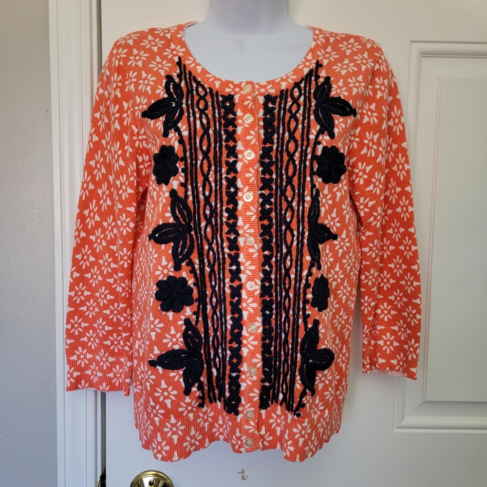 Tabitha Anthropologie Cardigan Medium Orange Floral Fine Knit Embroidery Brunch